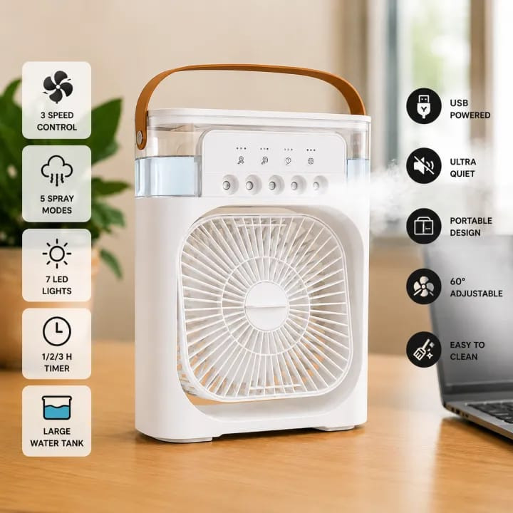 Mini Air Cooler Fan and Humidifier | Rechargeable Mini air cooler fan| Portable USB Mist with LED Night Light| USB and rechargeable Electric Fan with Mist | Small Desktop Cooling Fan for Room, Office