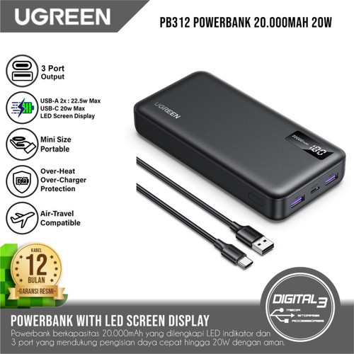 UGREEN PB312 LED Display 20,000mAh Fast Charging Power Bank – 20W PD QC3.0 22.5W